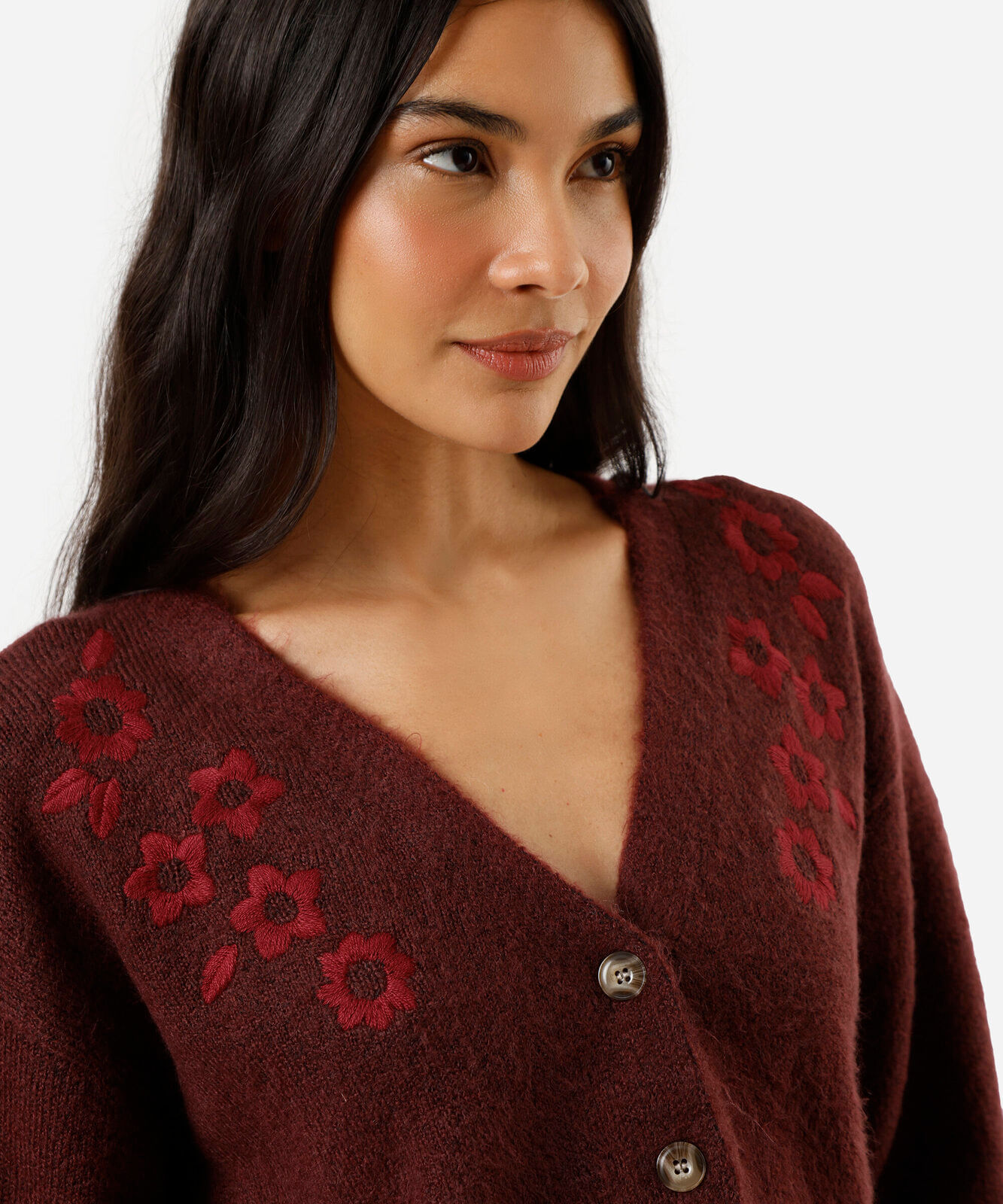 cardigan feminino de tricot com bordado floral vinho