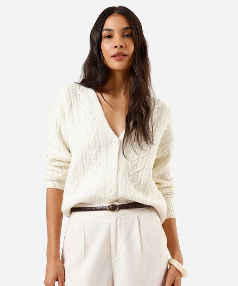 cardigan feminino de tricot com botões texturizado bege