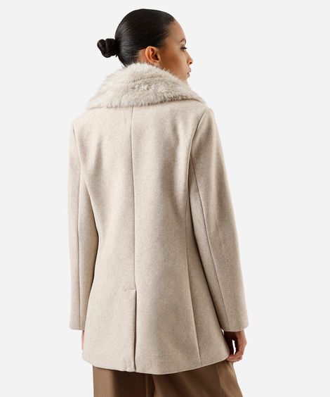casaco feminino com gola de pelúcia texturizado bege