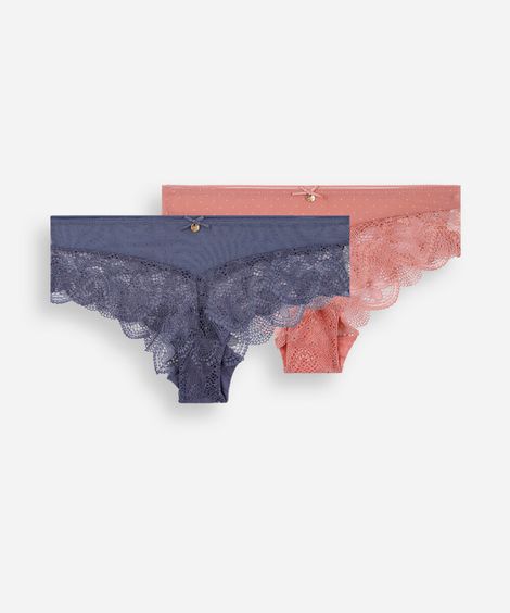 kit de 2 calcinhas caleçon feminino com renda floral colorido