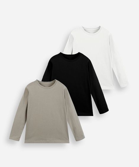 kit de 3 camisetas infantil de algodão manga longa colorido