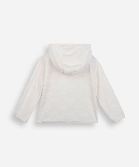 jaqueta infantil em fleece corações texturizados com capuz off white