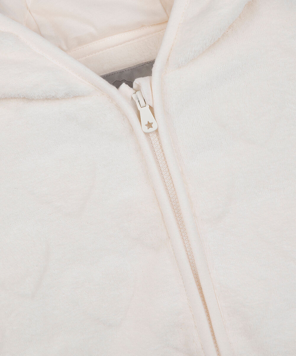 jaqueta infantil em fleece corações texturizados com capuz off white