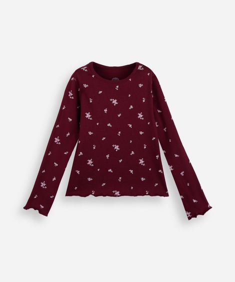 blusa infantil de algodão manga longa canelada floral vinho