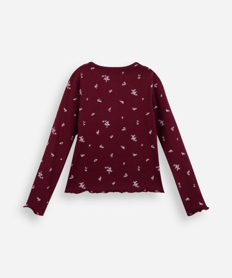 blusa infantil de algodão manga longa canelada floral vinho