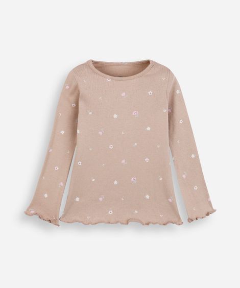 blusa infantil de algodão manga longa canelada floral marrom