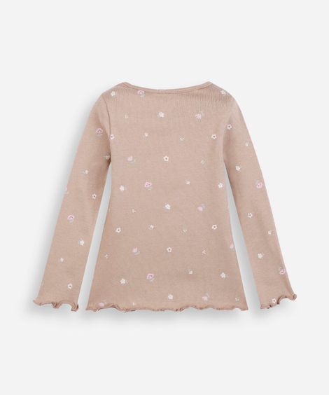 blusa infantil de algodão manga longa canelada floral marrom