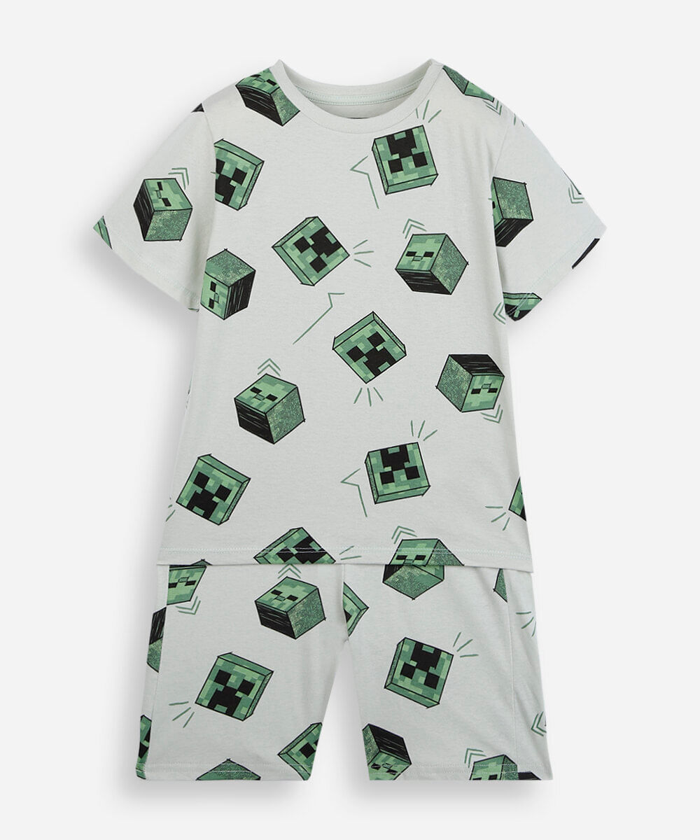 pijama curto infantil de algodão minecraft verde