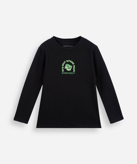 camiseta infantil com algodão manga longa canelada minecraft preta