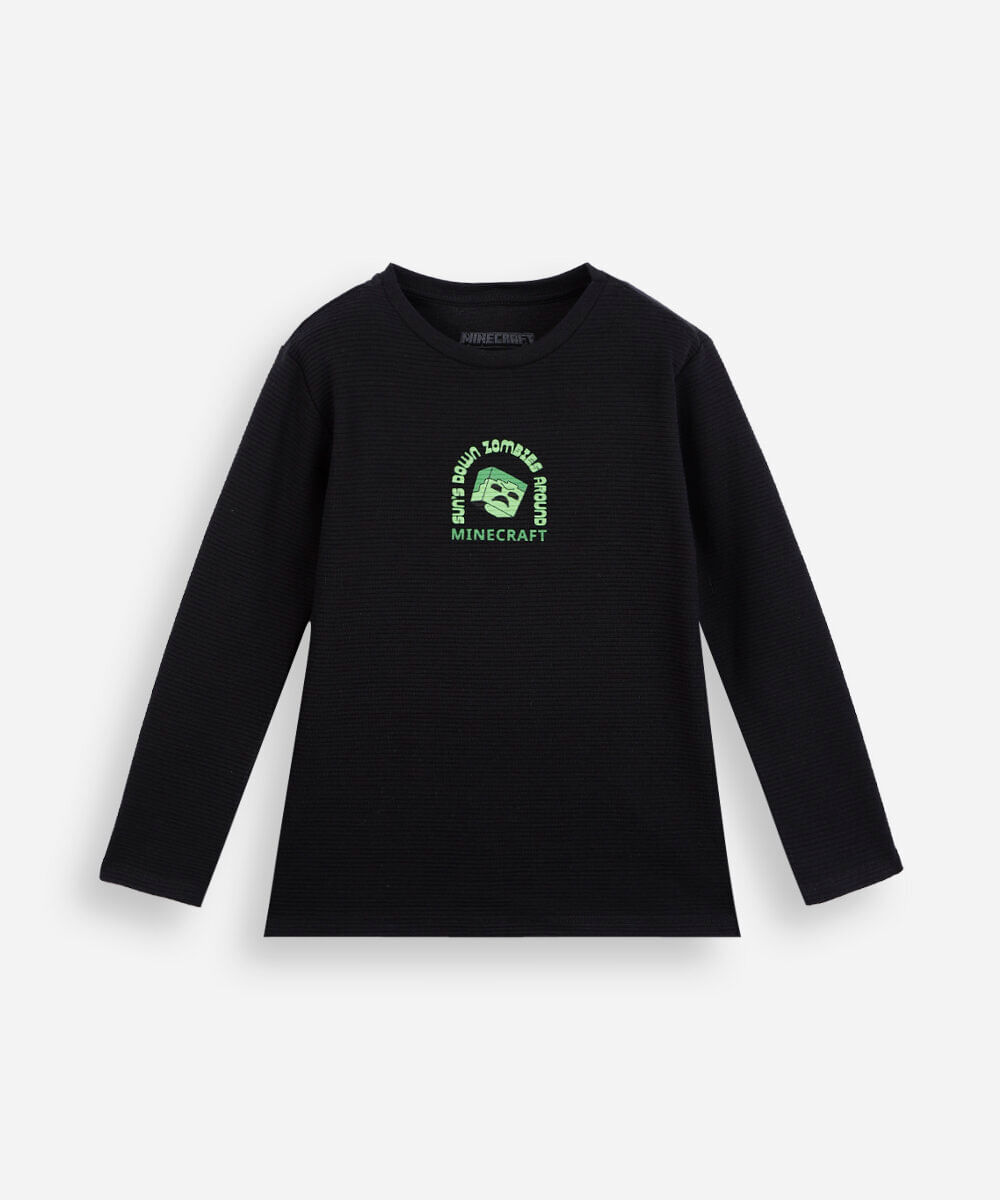 camiseta infantil com algodão manga longa canelada minecraft preta