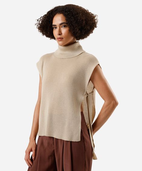 blusa feminina de tricot com abertura gola alta bege