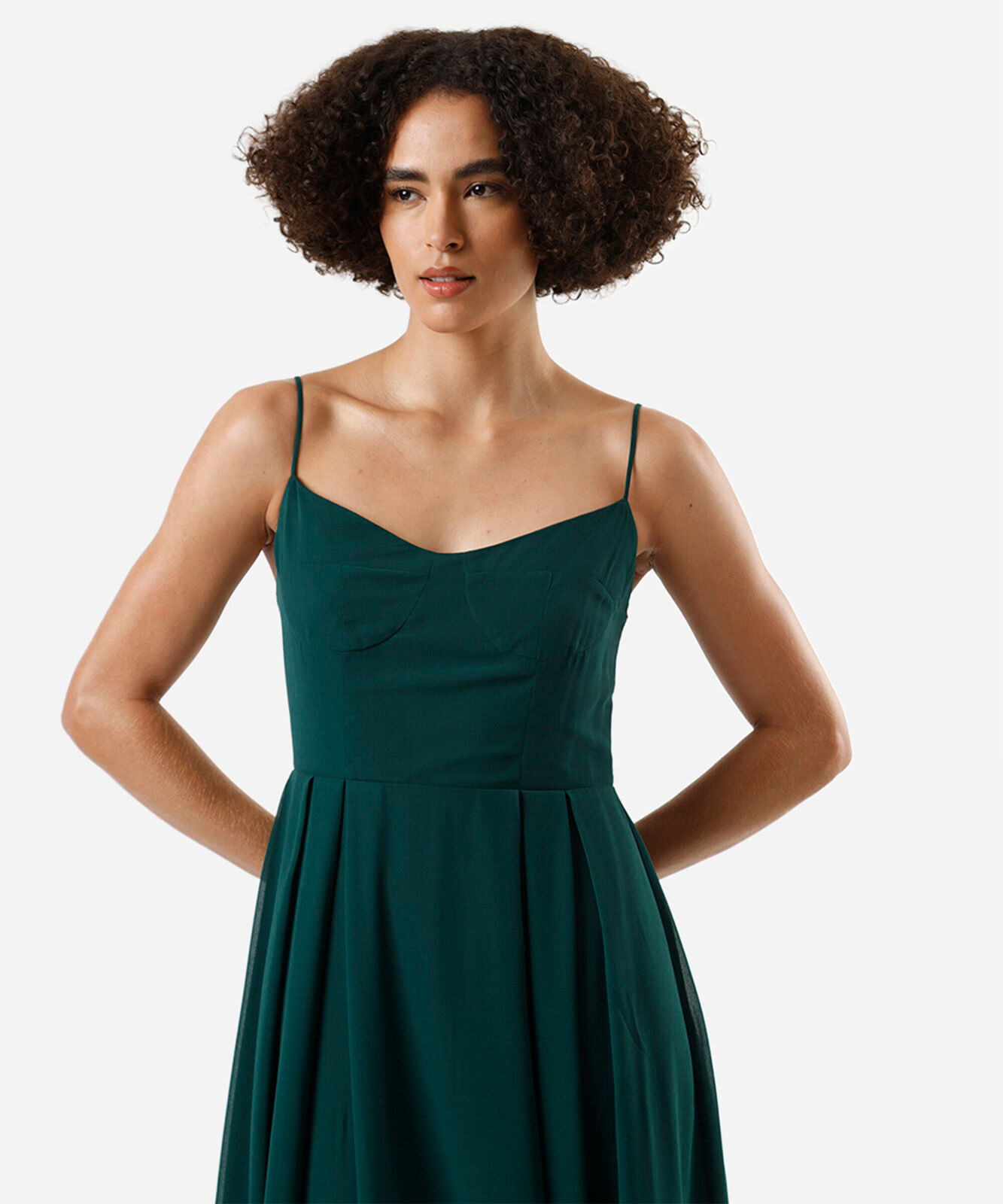 vestido midi alça fina feminino com pregas verde