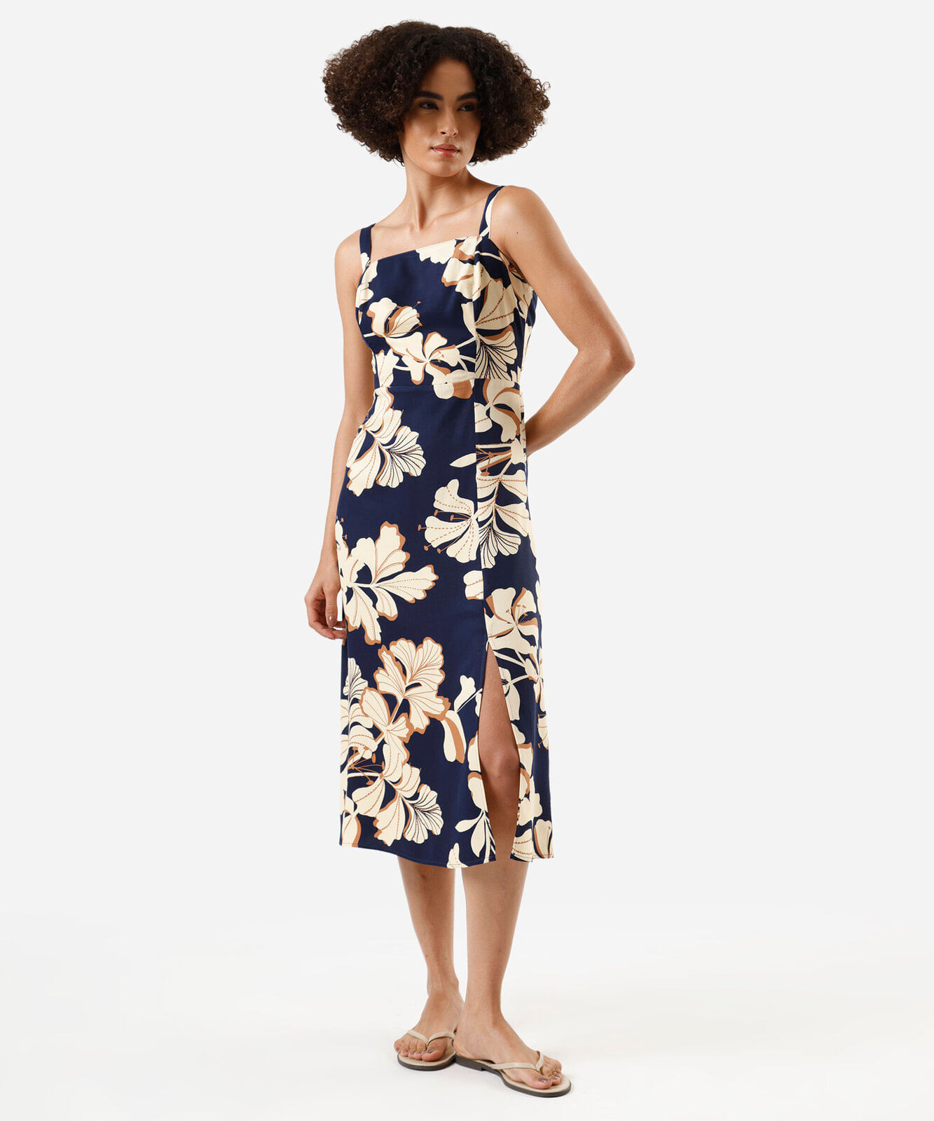 vestido midi alça fina feminino de viscose com fenda floral azul