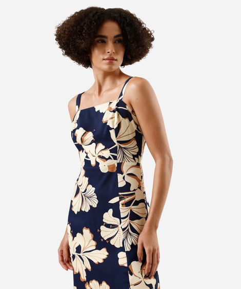 vestido midi alça fina feminino de viscose com fenda floral azul