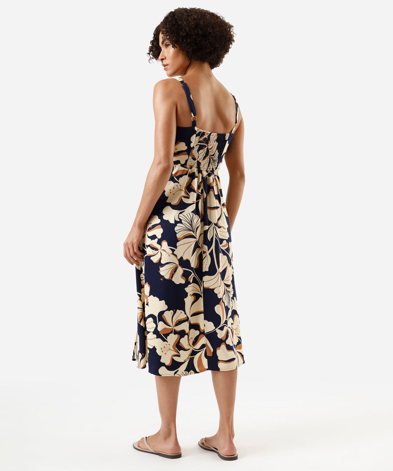 vestido midi alça fina feminino de viscose com fenda floral azul