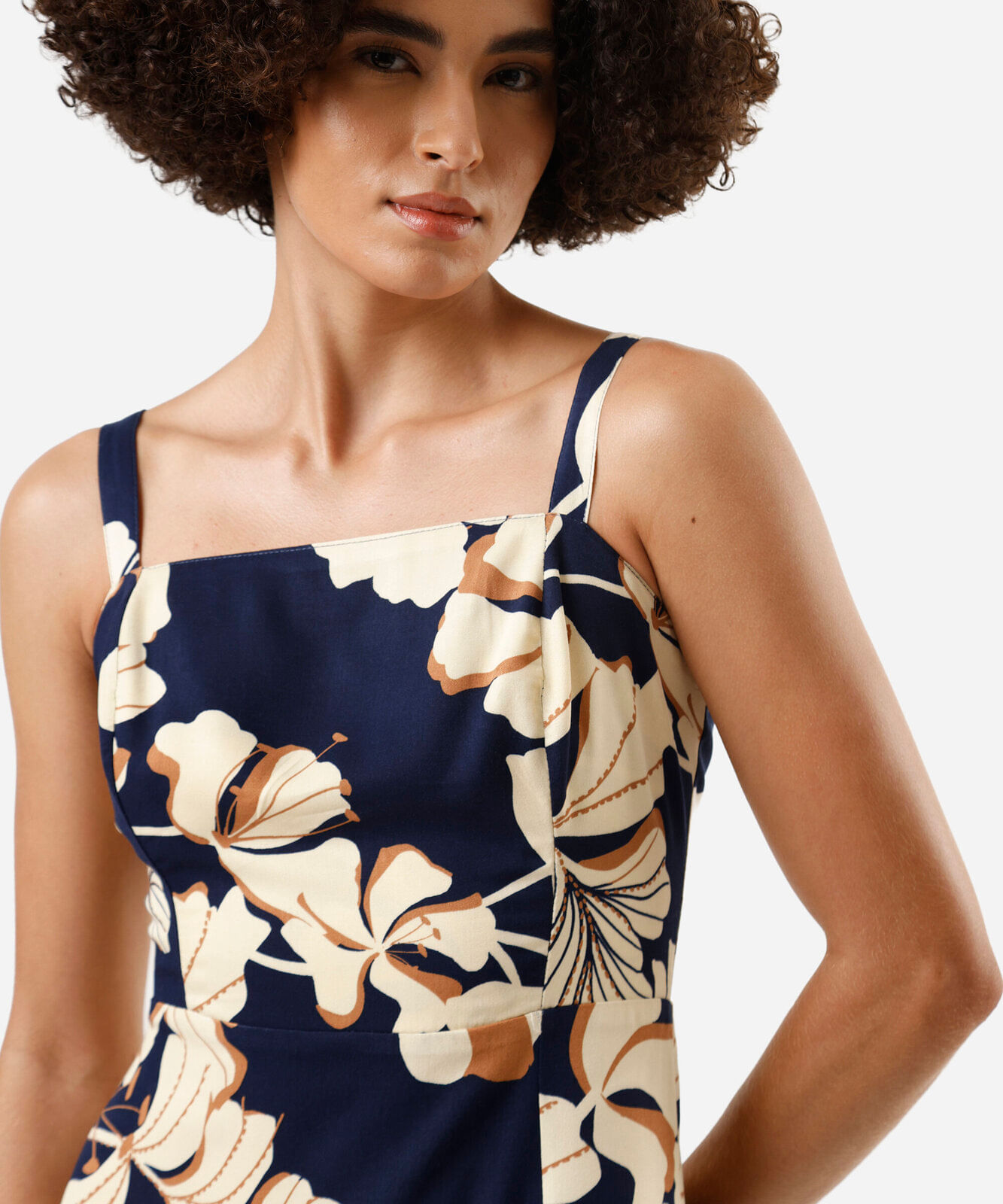 vestido midi alça fina feminino de viscose com fenda floral azul