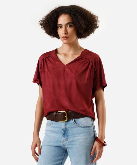 blusa feminina de suede decote v franzida vinho