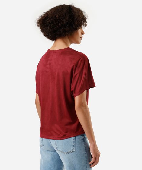 blusa feminina de suede decote v franzida vinho