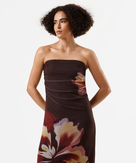 vestido longo sem alça feminino de tule franzido floral marrom