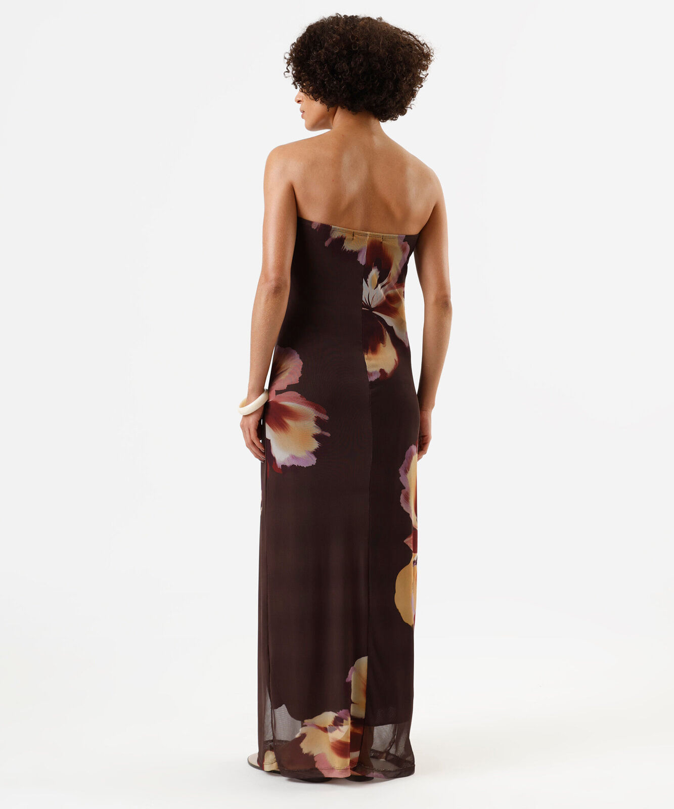 vestido longo sem alça feminino de tule franzido floral marrom
