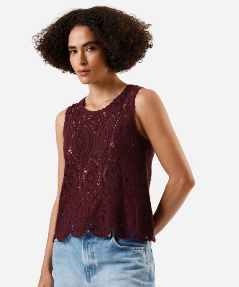 regata feminina de crochê floral vinho