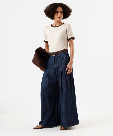 calça super wide leg feminina jeans com pregas cintura alta azul