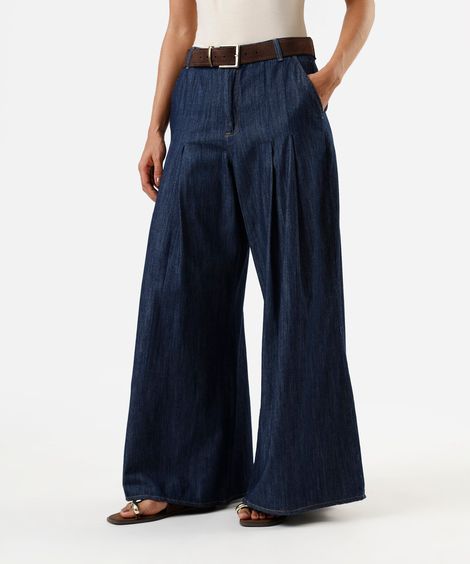 calça super wide leg feminina jeans com pregas cintura alta azul