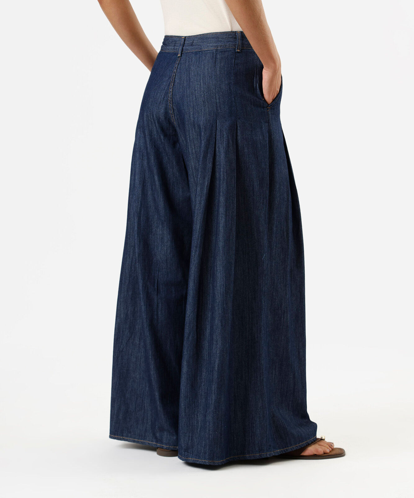 calça super wide leg feminina jeans com pregas cintura alta azul