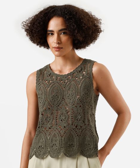 regata feminina de crochê floral verde