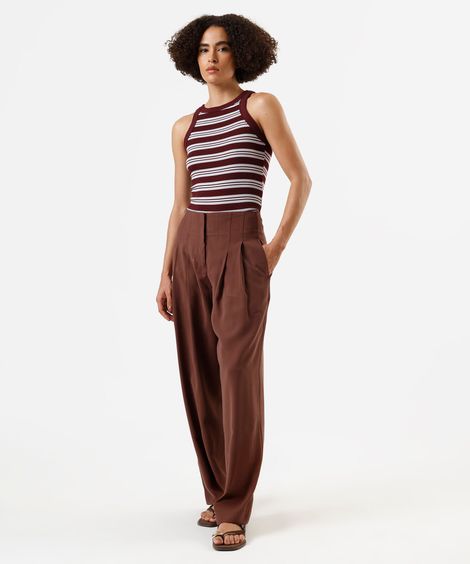 calça wide leg feminina com viscose e pregas cintura alta marrom