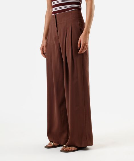 calça wide leg feminina com viscose e pregas cintura alta marrom