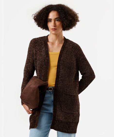 cardigan alongado feminino de tricot chenille com bolsos marrom