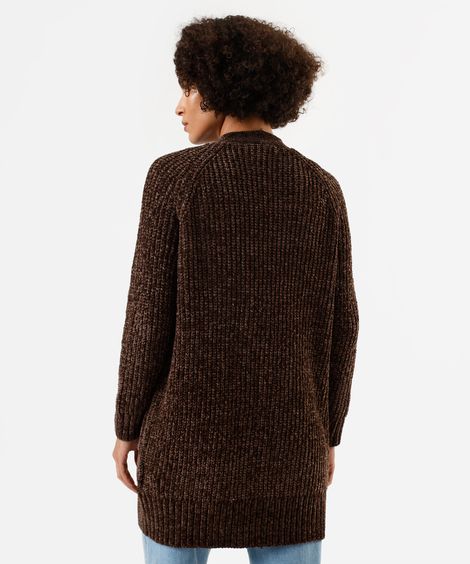 cardigan alongado feminino de tricot chenille com bolsos marrom