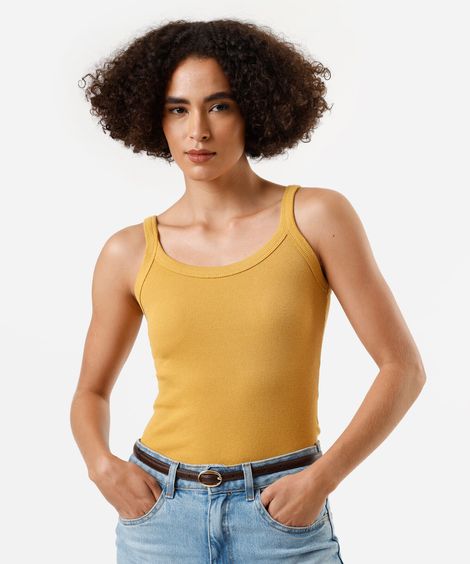 regata alça fina feminina de algodão canelada básica amarela