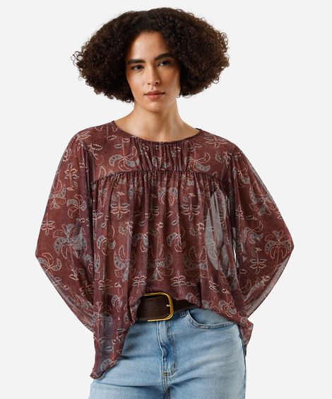 bata feminina de tule com recorte folhagens marrom