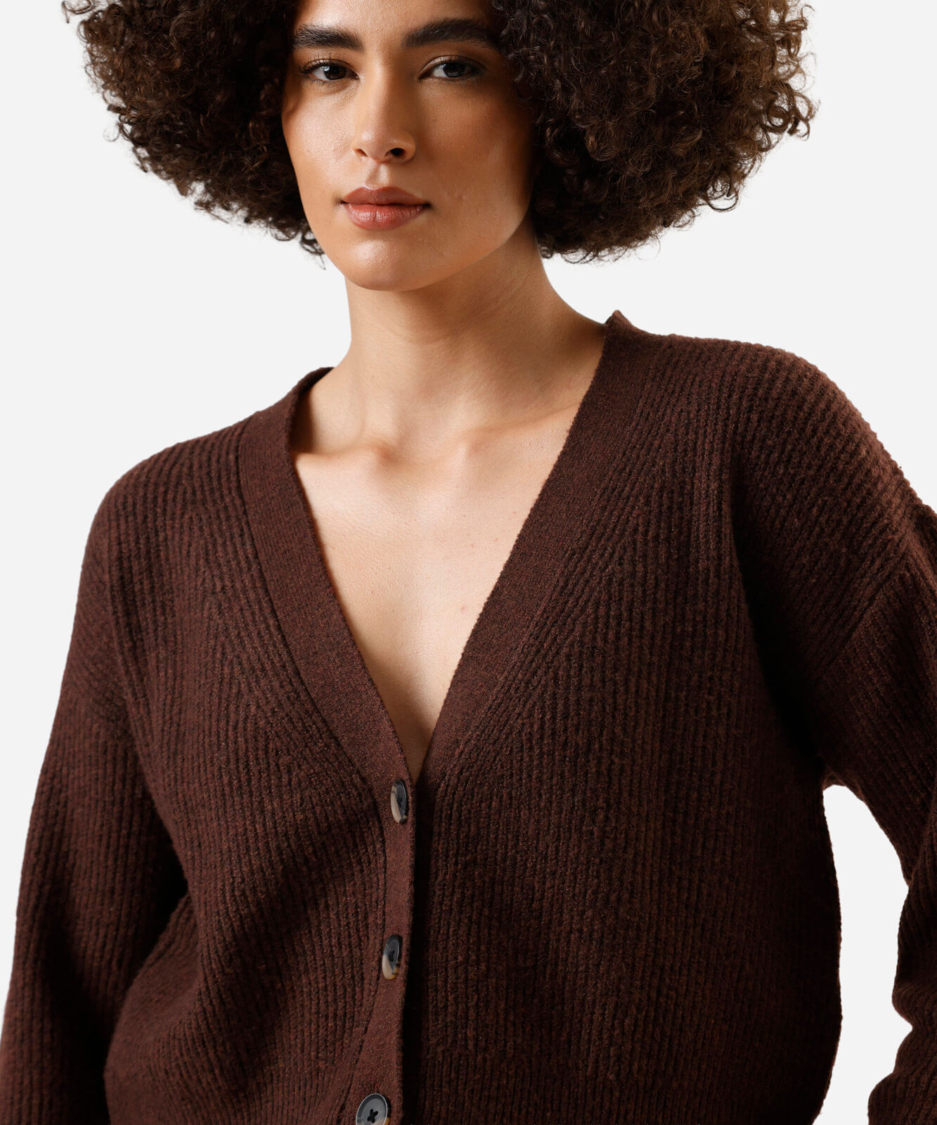 cardigan feminino de tricot canelado marrom