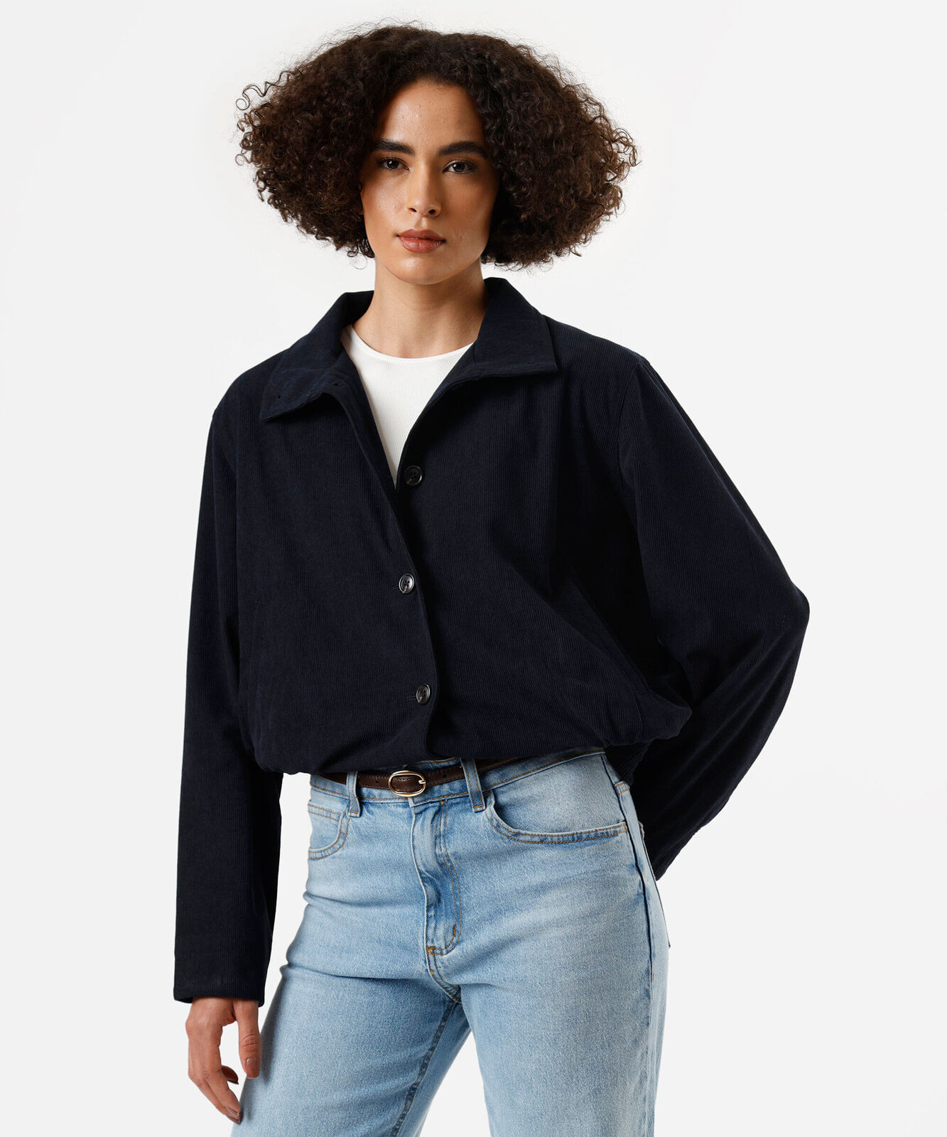 jaqueta feminina de veludo cotelê gola funnel neck azul