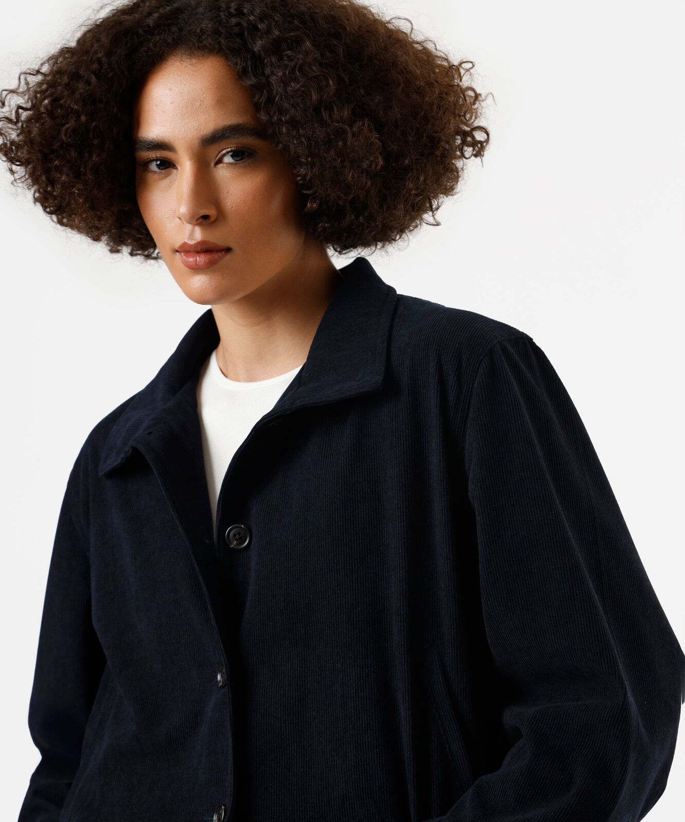jaqueta feminina de veludo cotelê gola funnel neck azul