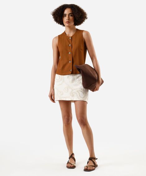 minissaia feminina de sarja bordada cintura alta off white