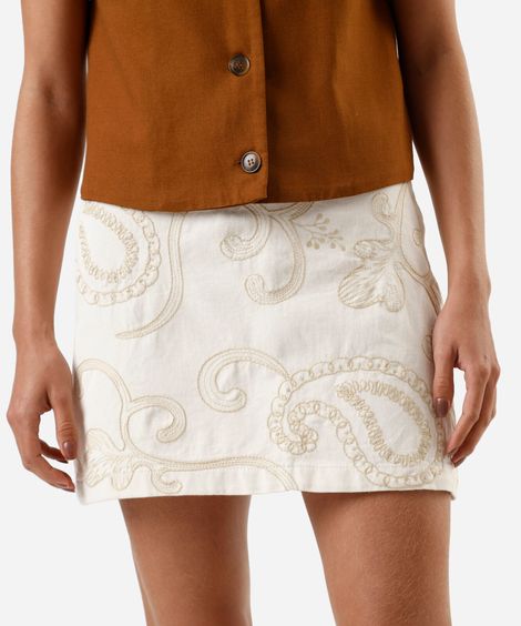 minissaia feminina de sarja bordada cintura alta off white