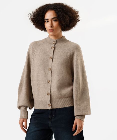 cardigan feminino de tricot gola alta manga bufante bege