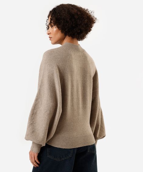 cardigan feminino de tricot gola alta manga bufante bege