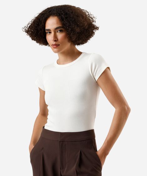 blusa baby look feminina de algodão manga curta canelada off white