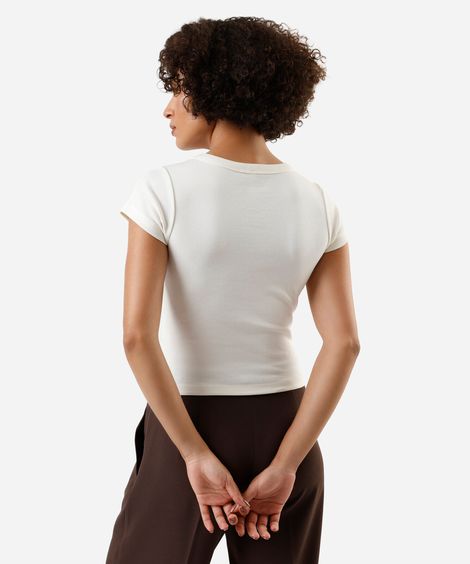 blusa baby look feminina de algodão manga curta canelada off white