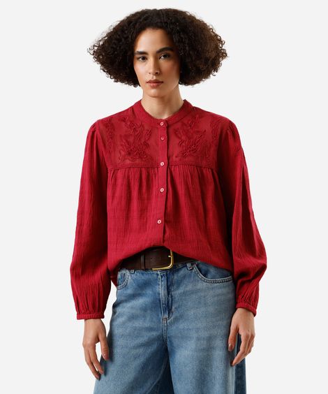 camisa de algodão com tule bordada vermelha