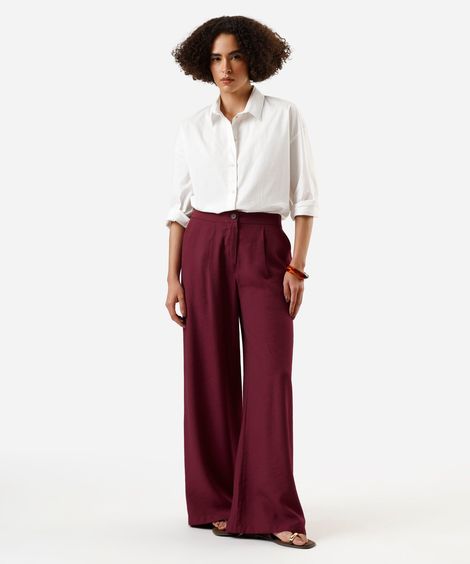 calça wide leg feminina de viscose texturizada  vinho