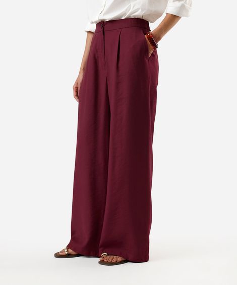calça wide leg feminina de viscose texturizada  vinho