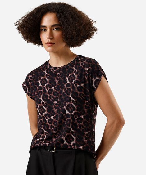 blusa feminina de viscose manga curta animal print marrom