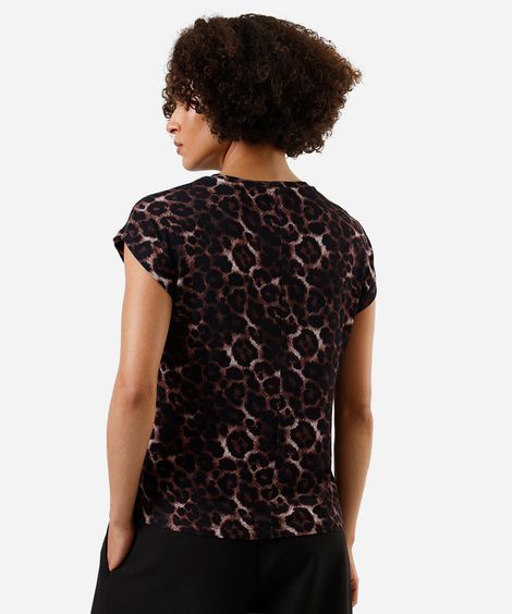 blusa feminina de viscose manga curta animal print marrom