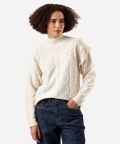 suéter feminino de tricot gola alta com babados texturizado off white